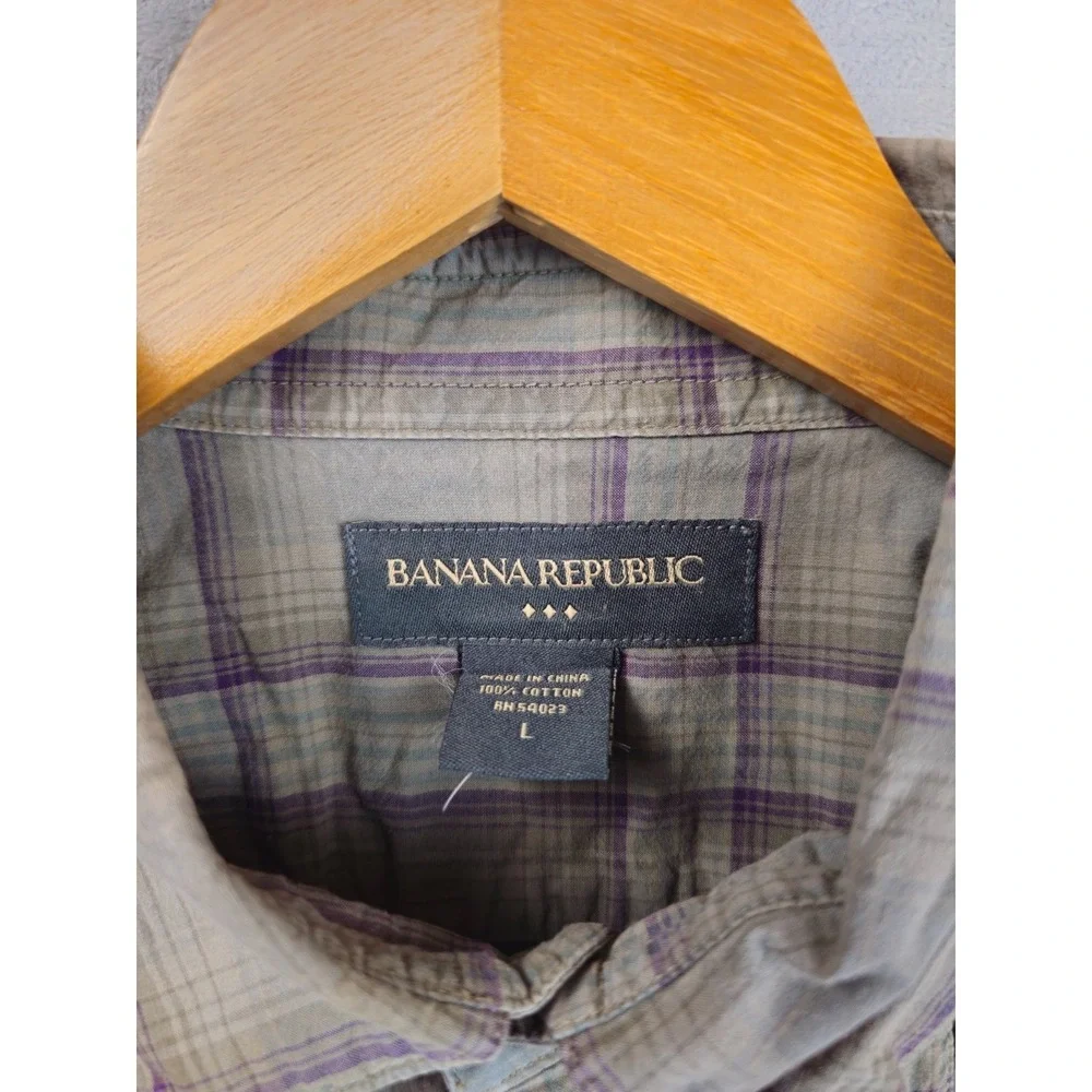 Banana Republic Shirt Mens Green Purple Plaid Double Flap Pockets Sz Large